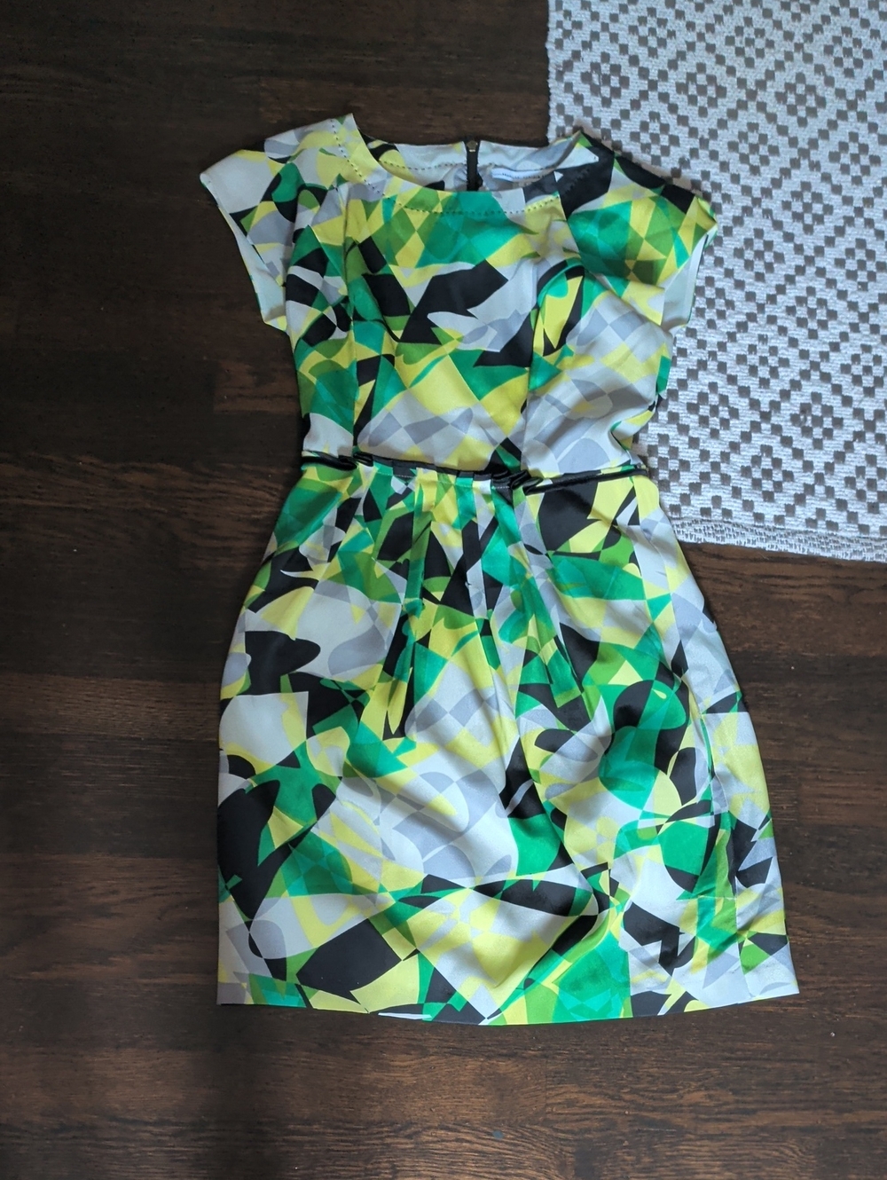 Geometric Print Fit-and-Flare Dress in Green and Yellow